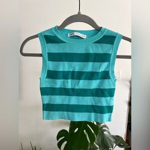 Women’s ZARA Teal* Striped Knit Crop Top